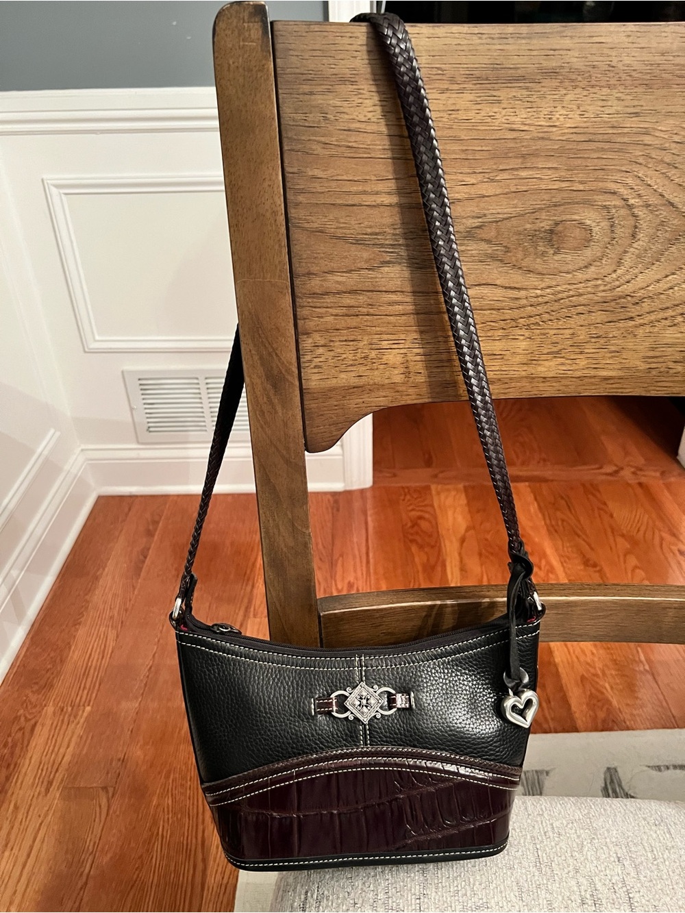 Brighton Black and Dark Brown Women’s Leather Crossbody Bag with Heart Charm